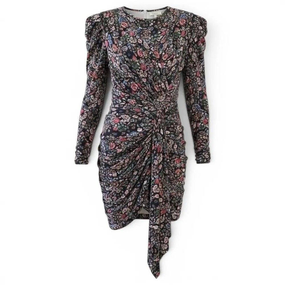 Isabel Marant Dress FR 40 US 8 M Floral Ruched Draped Long Sleeve Mini Black